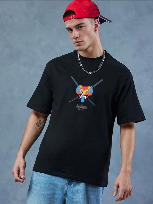 Elevate Printed Pure Cotton Oversized Black T-shirt