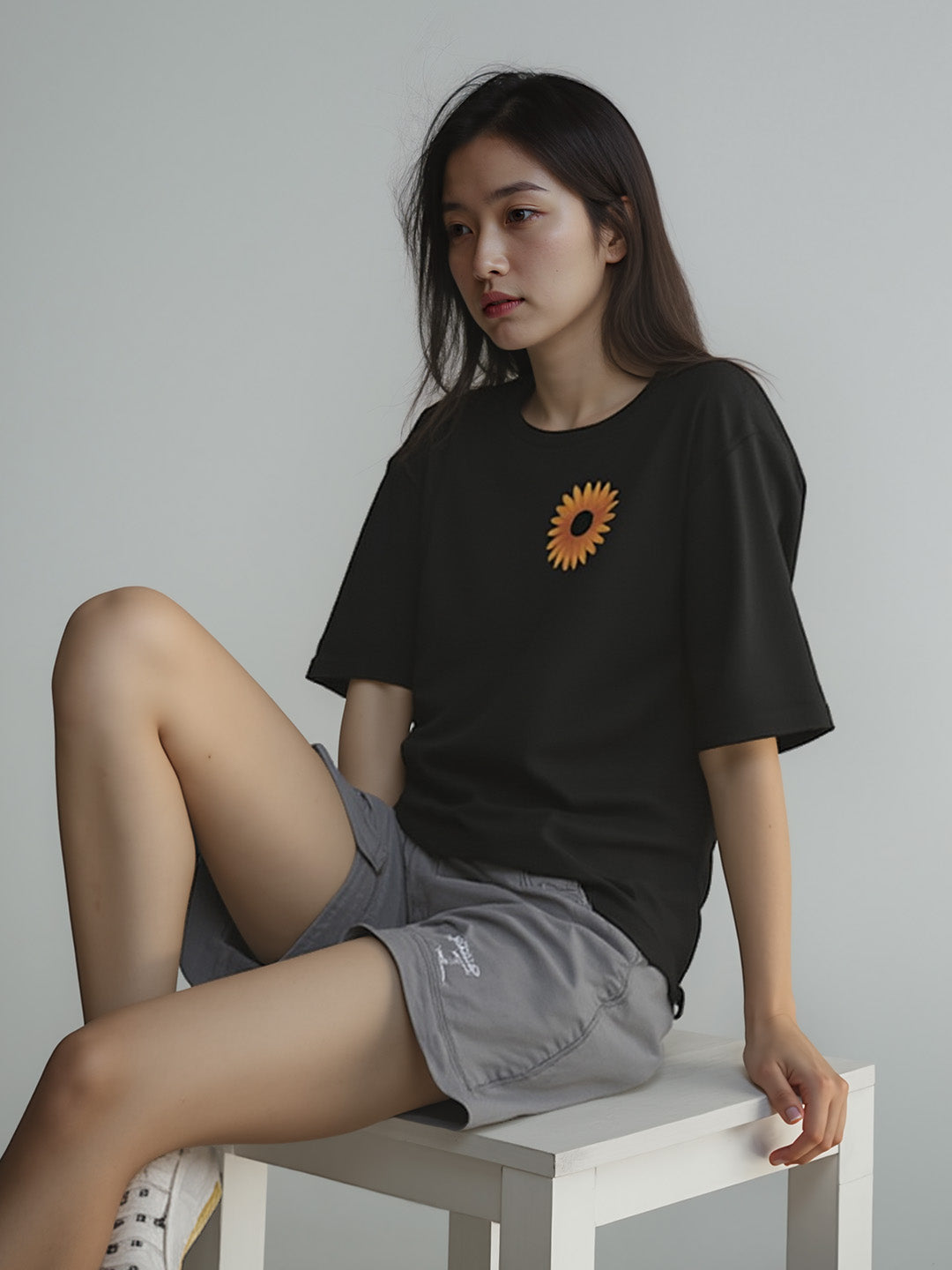 Sunflower Printed Pure Cotton Oversized Black T-shirt