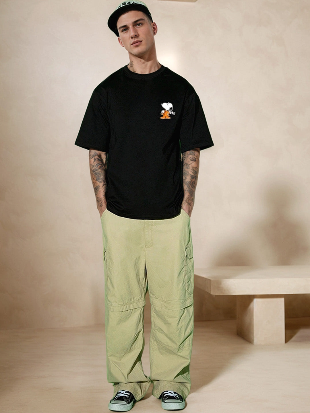 Space Snoopy Printed Pure Cotton Oversized Black T-shirt