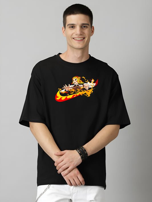 Rengoku Flame Hashira Demon-Slayer Printed Pure Cotton Oversized Black T-shirt