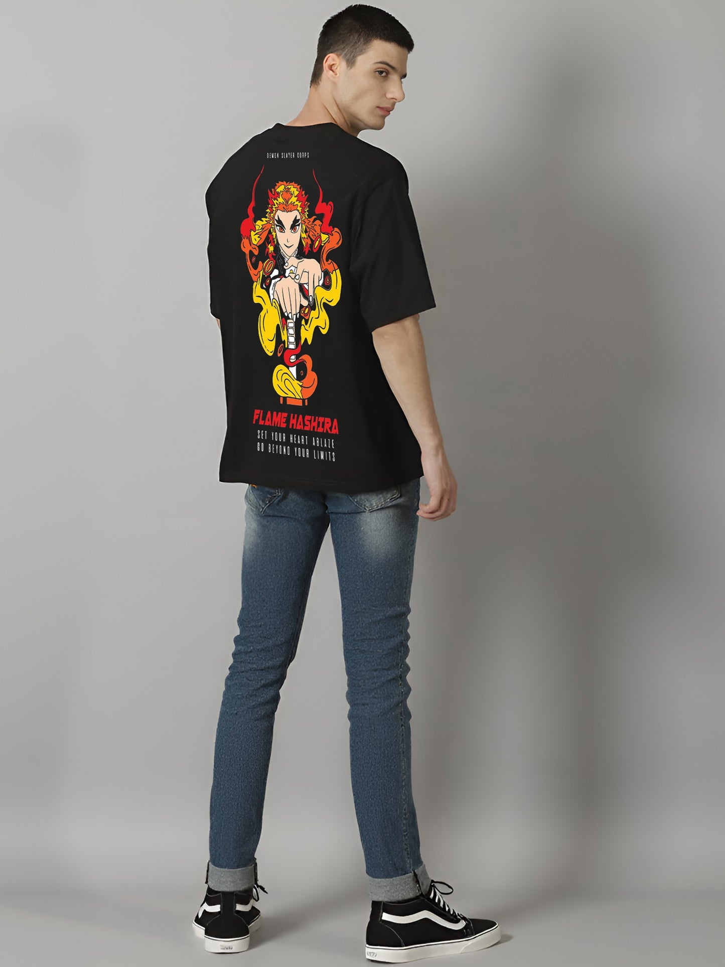 Rengoku Flame Hashira Demon-Slayer Printed Pure Cotton Oversized Black T-shirt