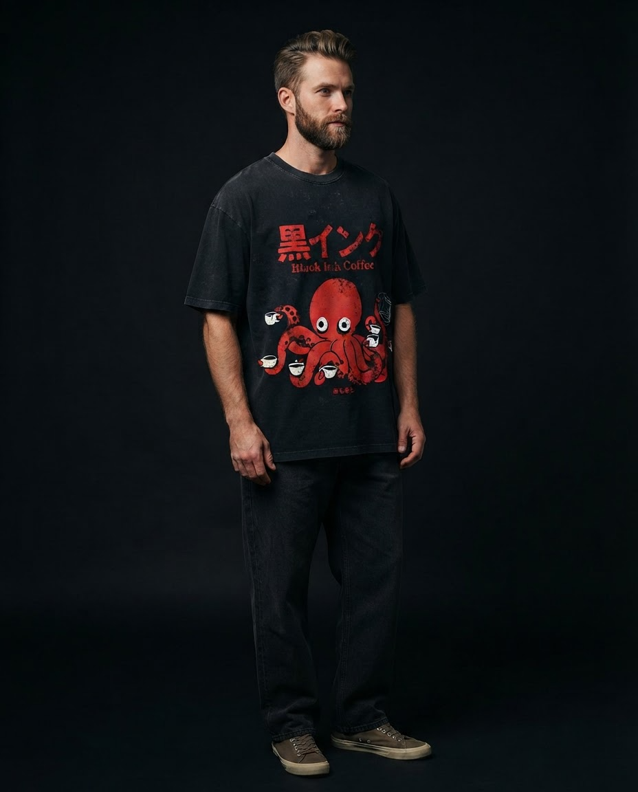 Black Ink Coffee Printed Pure Cotton Oversized Black T-shirt
