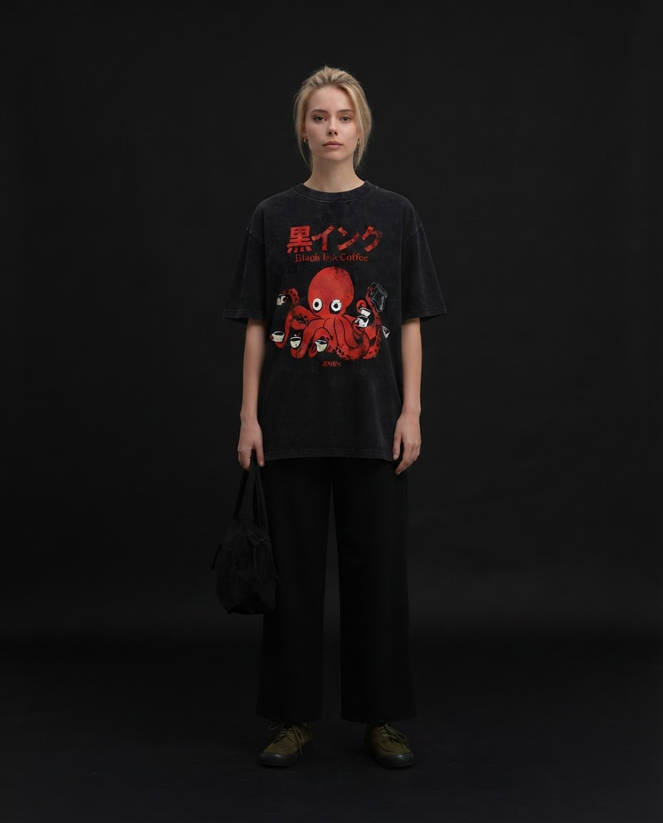 Black Ink Coffee Printed Pure Cotton Oversized Black T-shirt