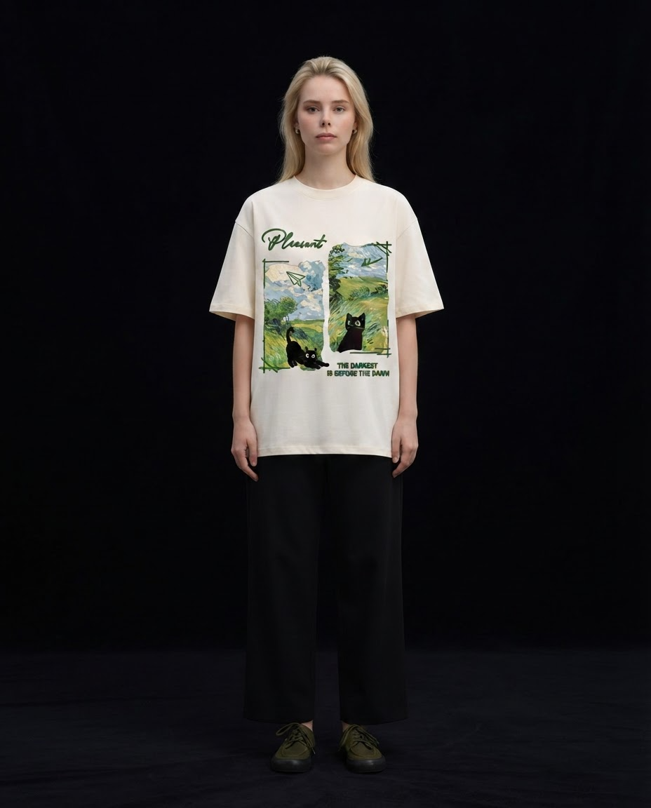 Forest Cat Printed Pure Cotton Oversized Off White T-shirt
