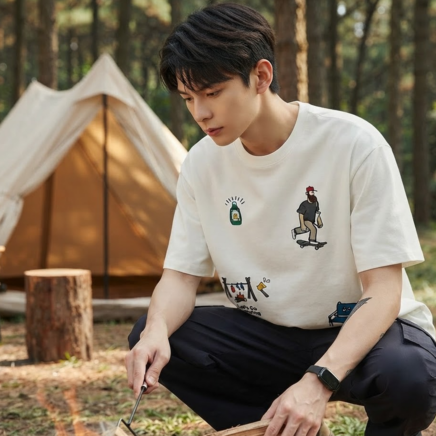 Let's Go Camping Printed Pure Cotton Oversized Off White T-shirt