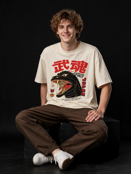 Monster Spirit Kaiju Printed Pure Cotton Oversized Off White T-shirt