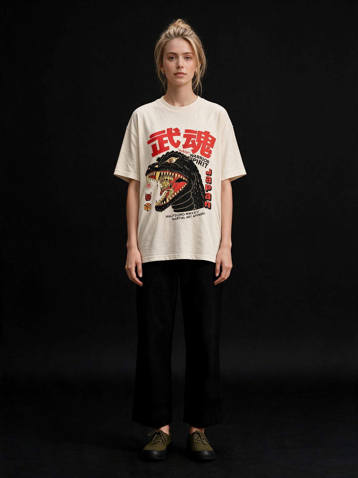 Monster Spirit Kaiju Printed Pure Cotton Oversized Off White T-shirt