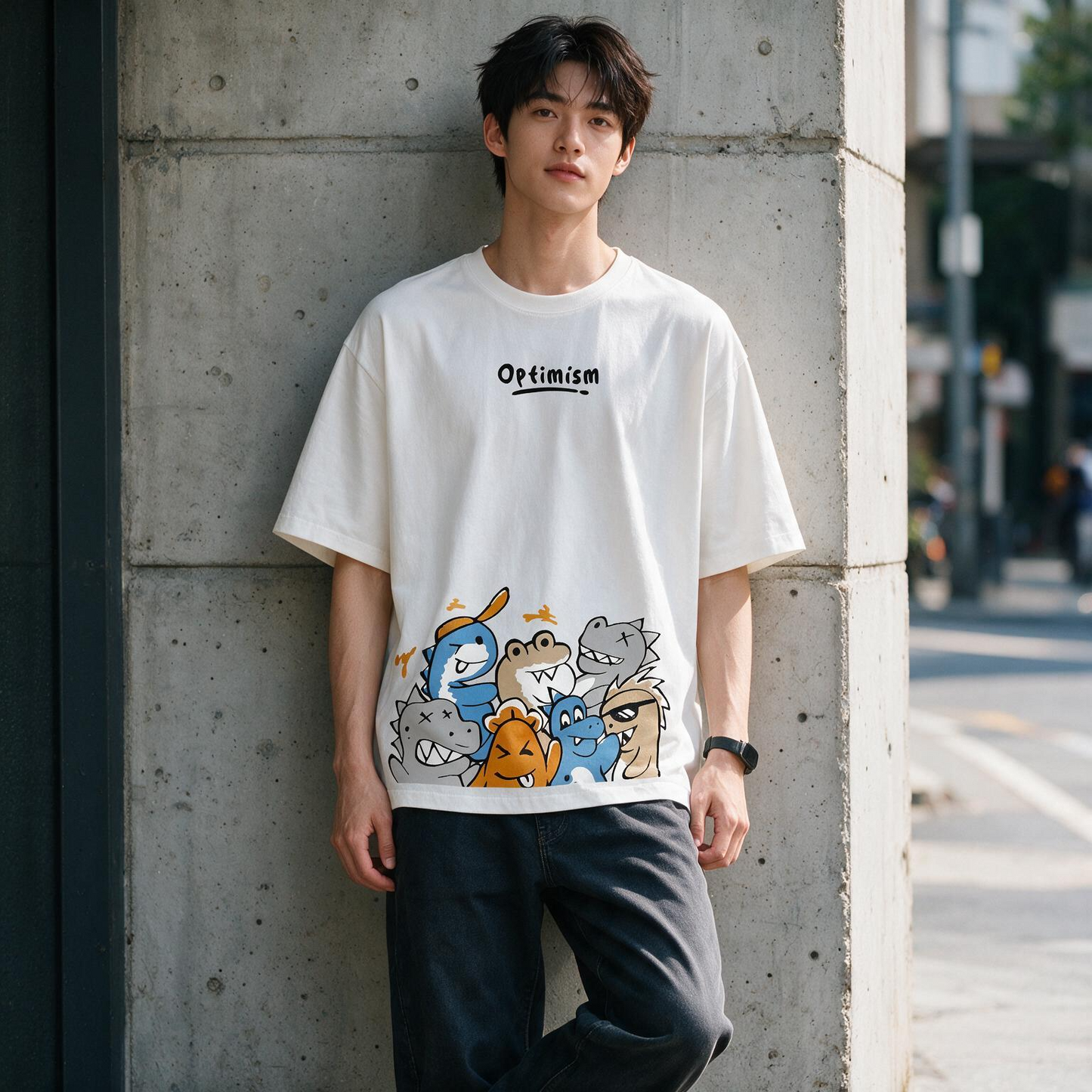 Optimism Cute Dino Squad Printed Pure Cotton Oversized Off White T-shirt