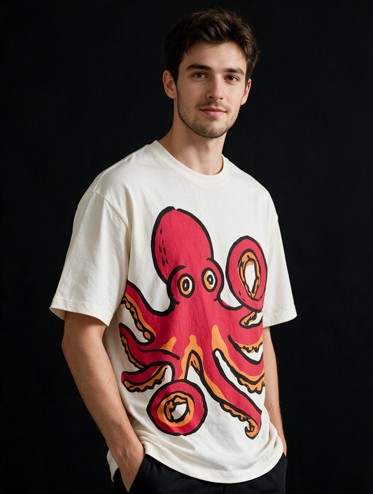 Red Chill Octopus Printed Pure Cotton Oversized Off White T-shirt