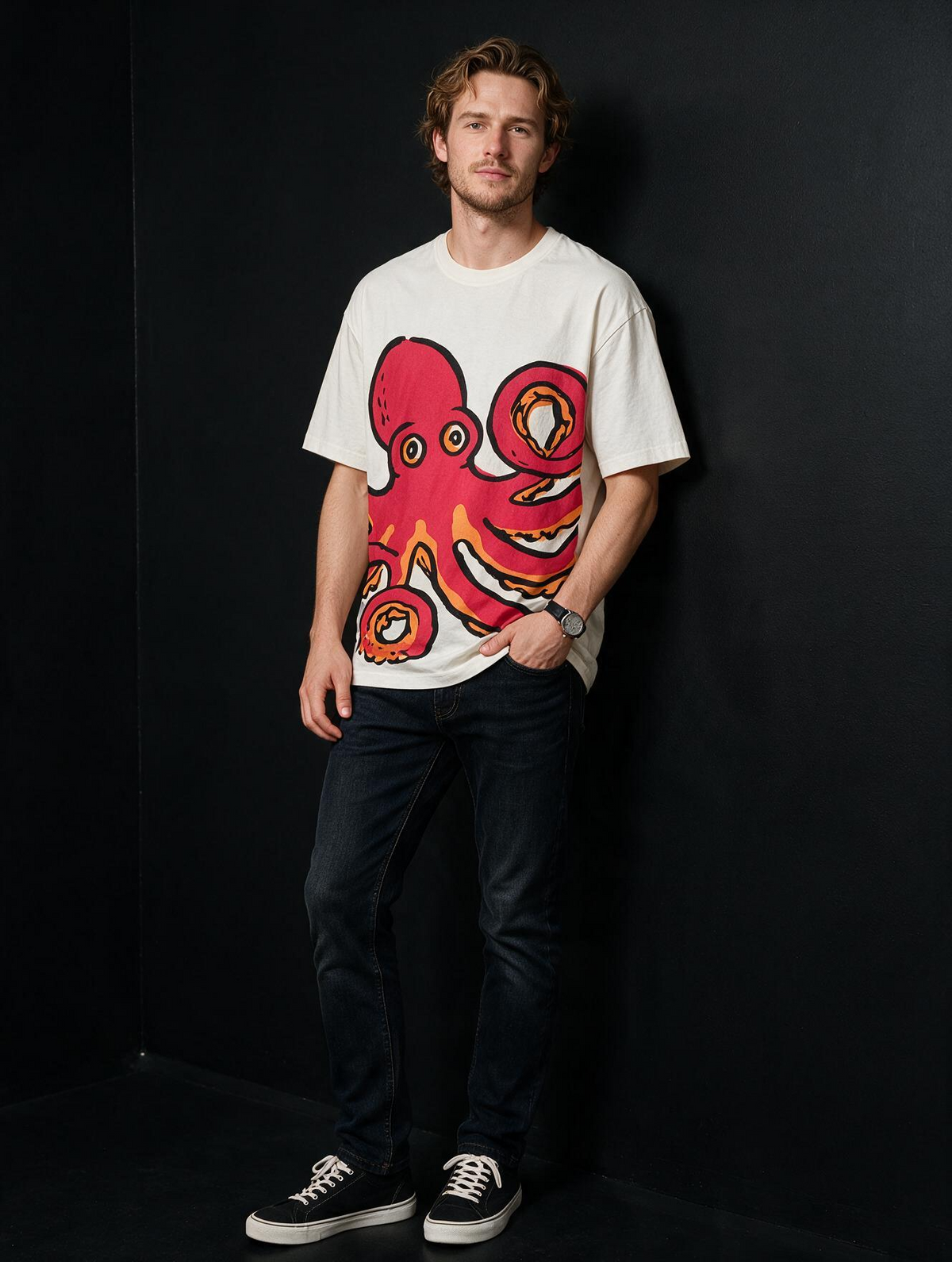 Red Chill Octopus Printed Pure Cotton Oversized Off White T-shirt