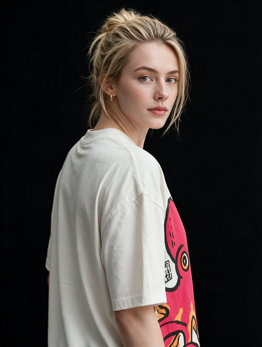 Red Chill Octopus Printed Pure Cotton Oversized Off White T-shirt
