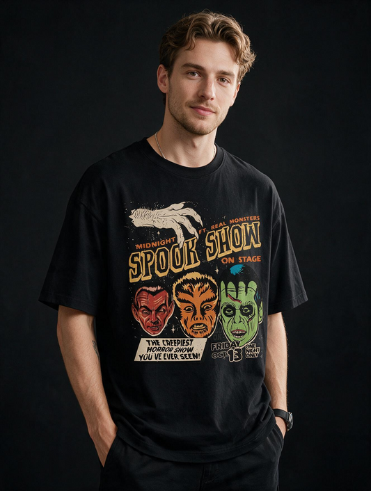 Midnight Spook Show Printed Pure Cotton Oversized Black T-shirt