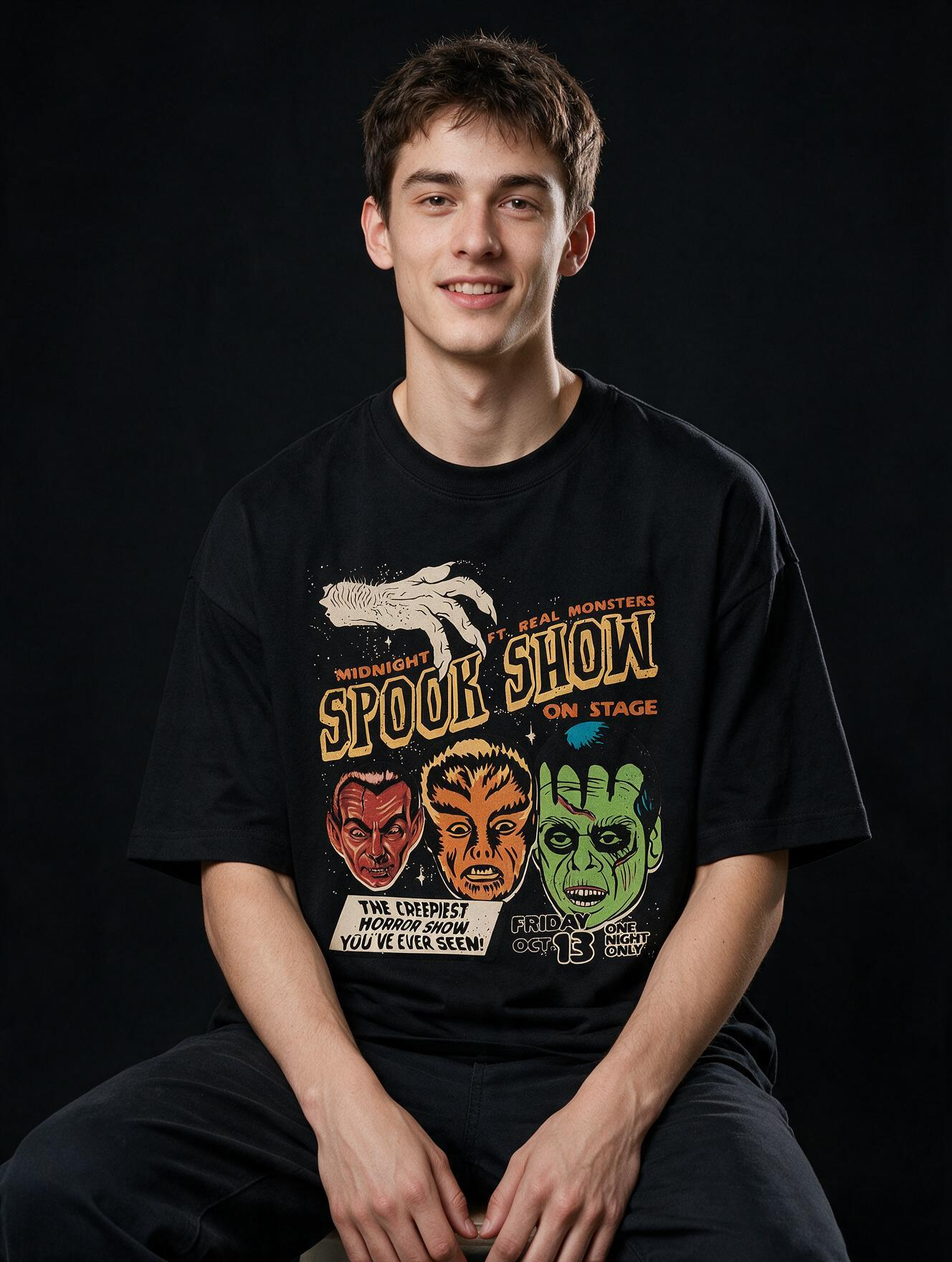 Midnight Spook Show Printed Pure Cotton Oversized Black T-shirt