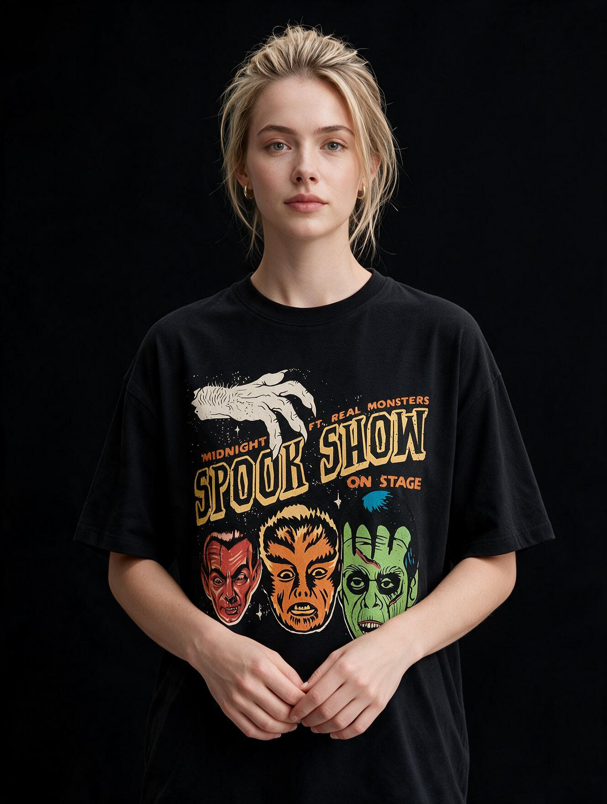 Midnight Spook Show Printed Pure Cotton Oversized Black T-shirt