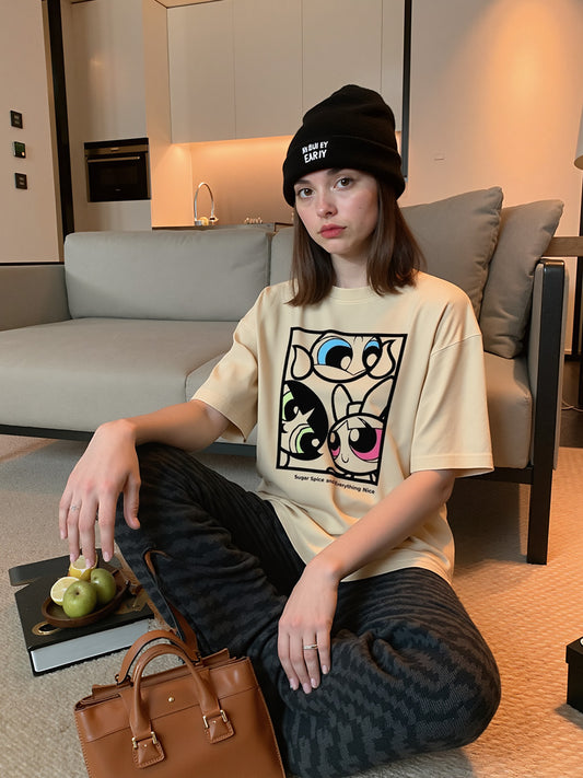 Powerpuff Girls - Sugar and Spice Printed Pure Cotton Oversized Beige T-shirt
