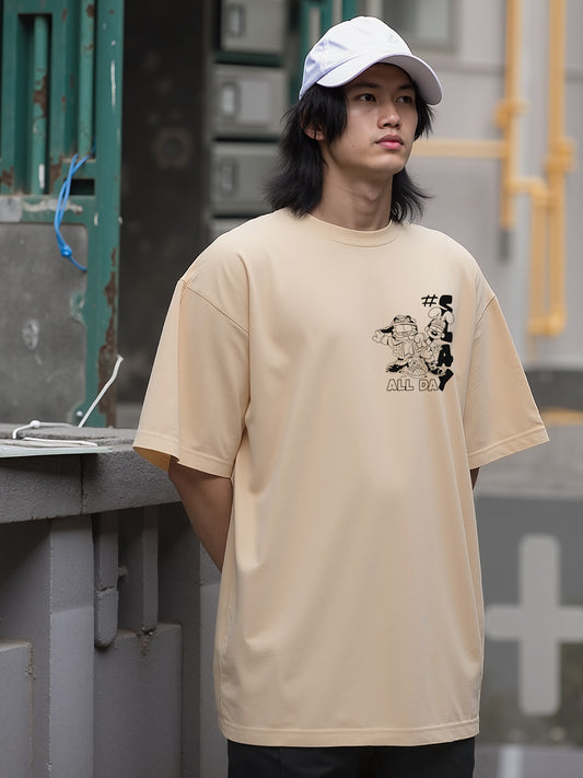 Garfield - Slay Together Printed Pure Cotton Oversized Beige T-shirt