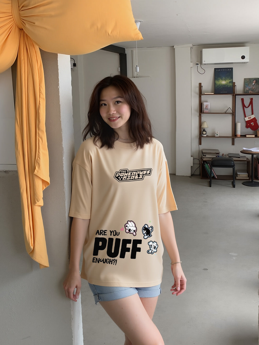 Powerpuff Girls Printed Pure Cotton Oversized Beige T-shirt