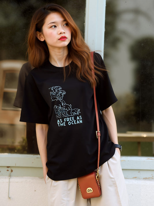 Ocean Child Printed Pure Cotton Oversized Black T-shirt