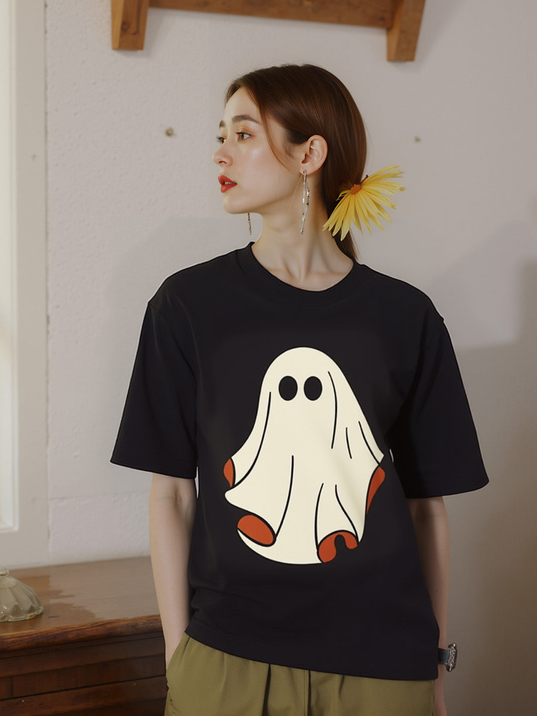 Boo Cute Ghost Printed Pure Cotton Oversized Black T-shirt