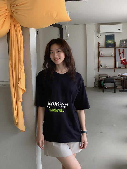 Billie Happier Than Ever Printed Pure Cotton Oversized Black T-shirt