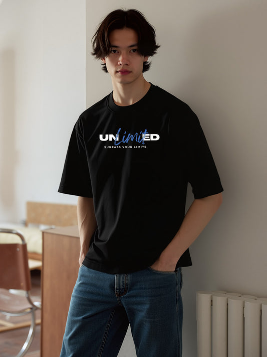 UNLIMITED Typography Printed Pure Cotton Oversized Black T-shirt