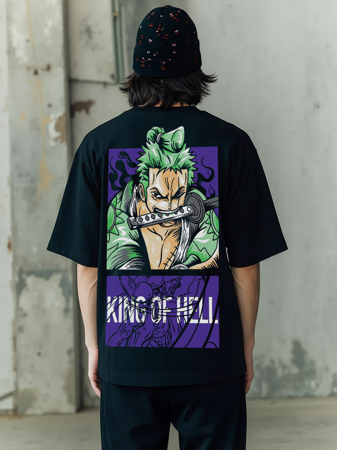 Moss Head - One Piece Graphic Printed Pure Cotton Oversized Black T-shirt