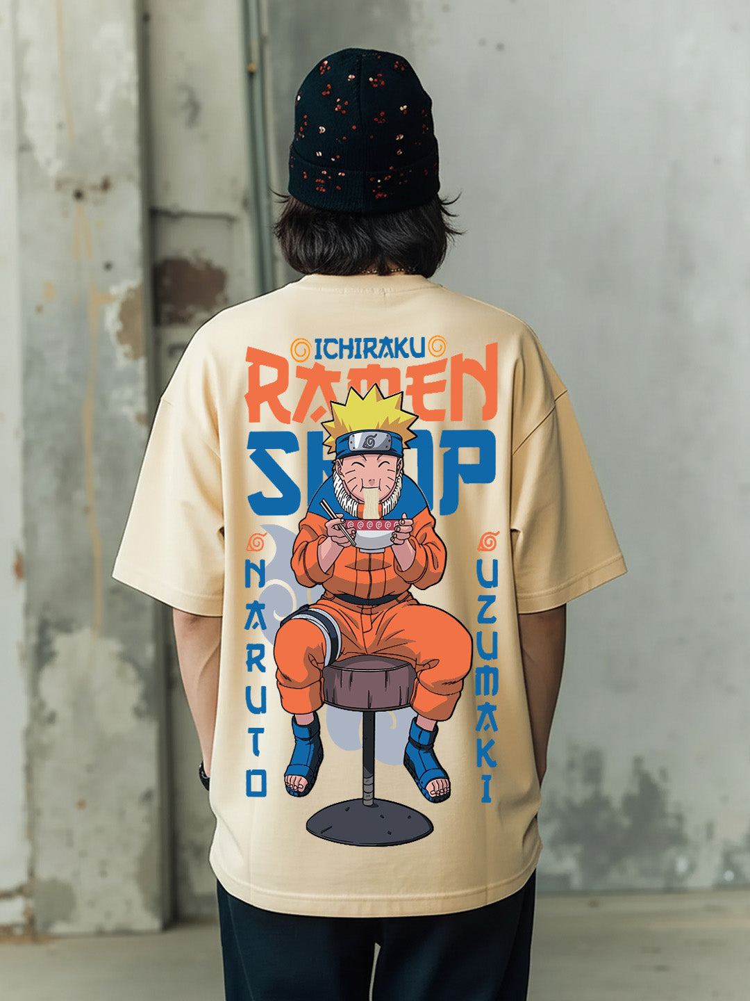 Anime Ramen Lover Graphic Printed Pure Cotton Oversized Beige T-shirt