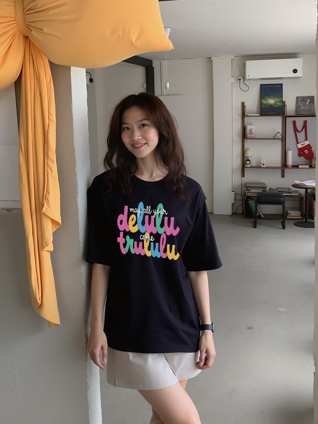 Delulu Come Trululu Printed Pure Cotton Oversized Black T-shirt