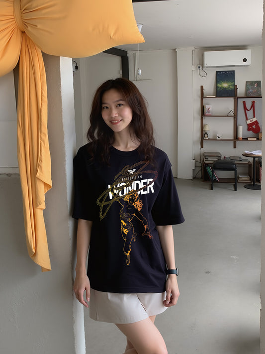 Believe In Wonder Printed Pure Cotton Oversized Black T-shirt