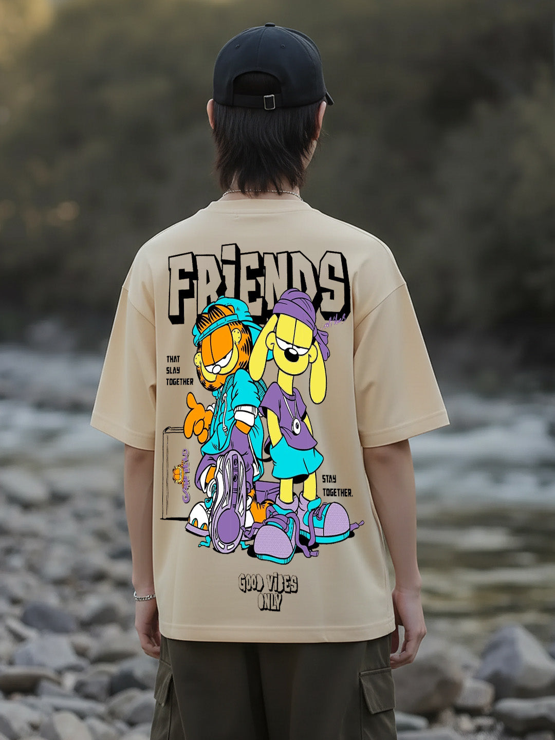 Garfield - Slay Together Printed Pure Cotton Oversized Beige T-shirt