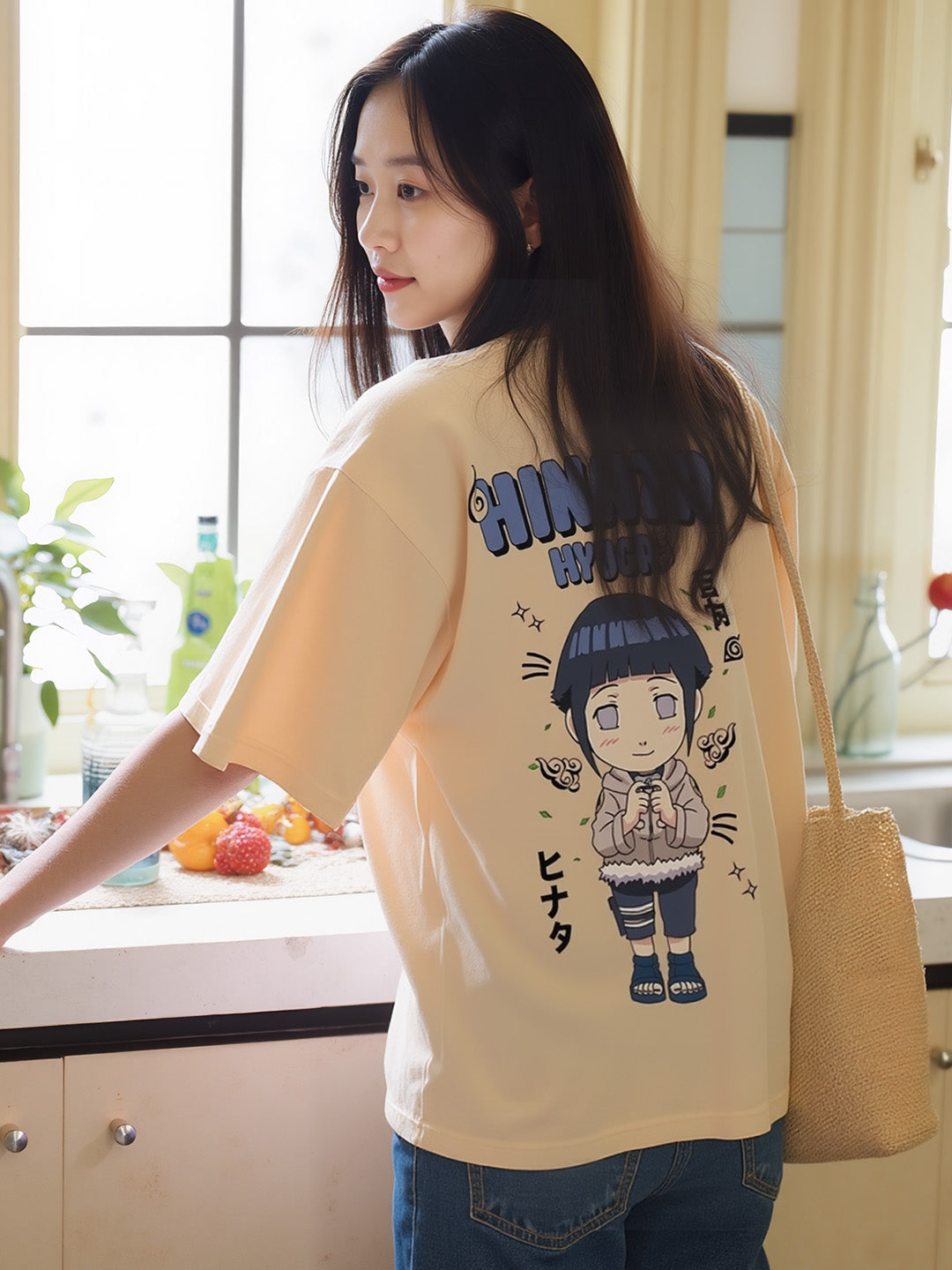 Hinata Hyuga - Ninja Printed Pure Cotton Oversized Beige T-shirt