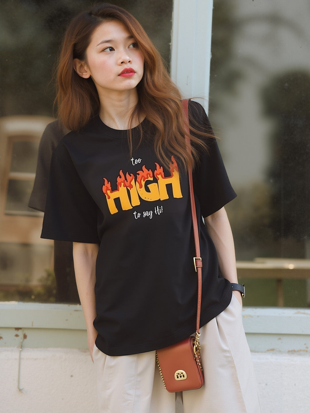 Too High Printed Pure Cotton Oversized Black T-shirt