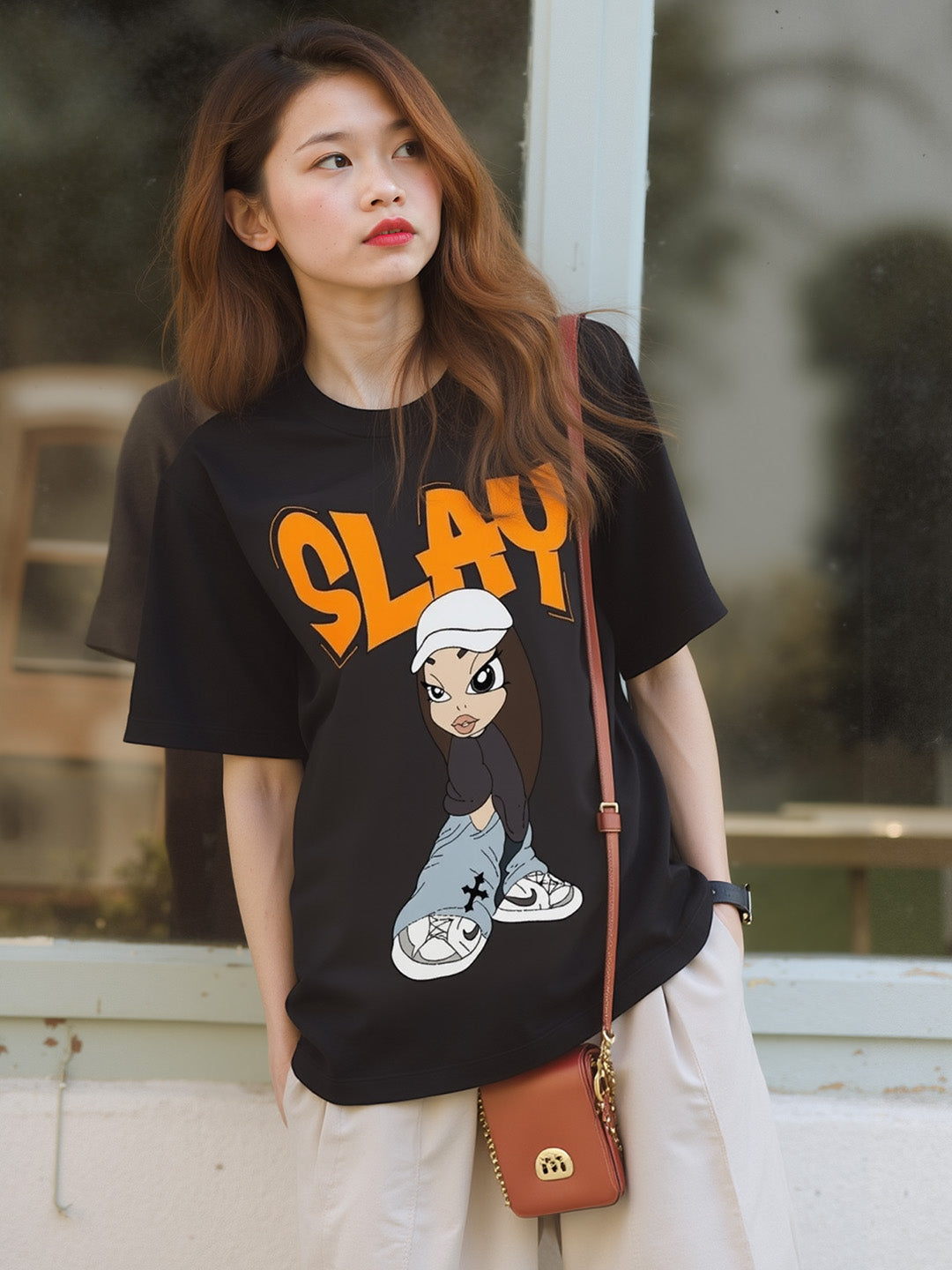Slay Printed Pure Cotton Oversized Black T-shirt