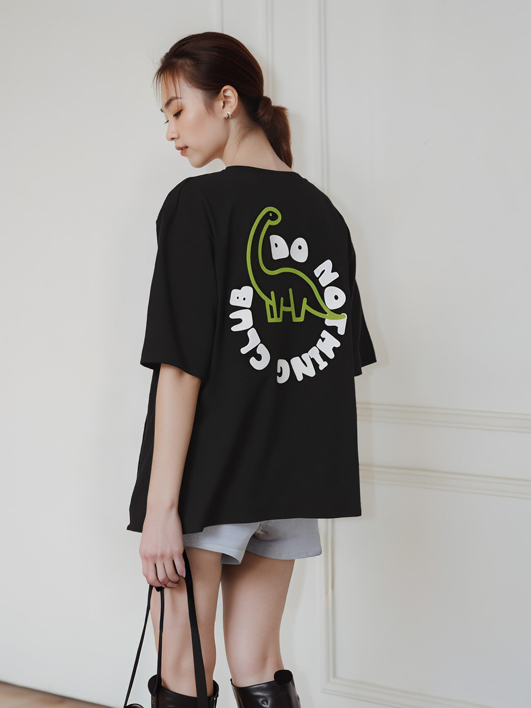 Do Nothing Club Printed Pure Cotton Oversized Black T-shirt