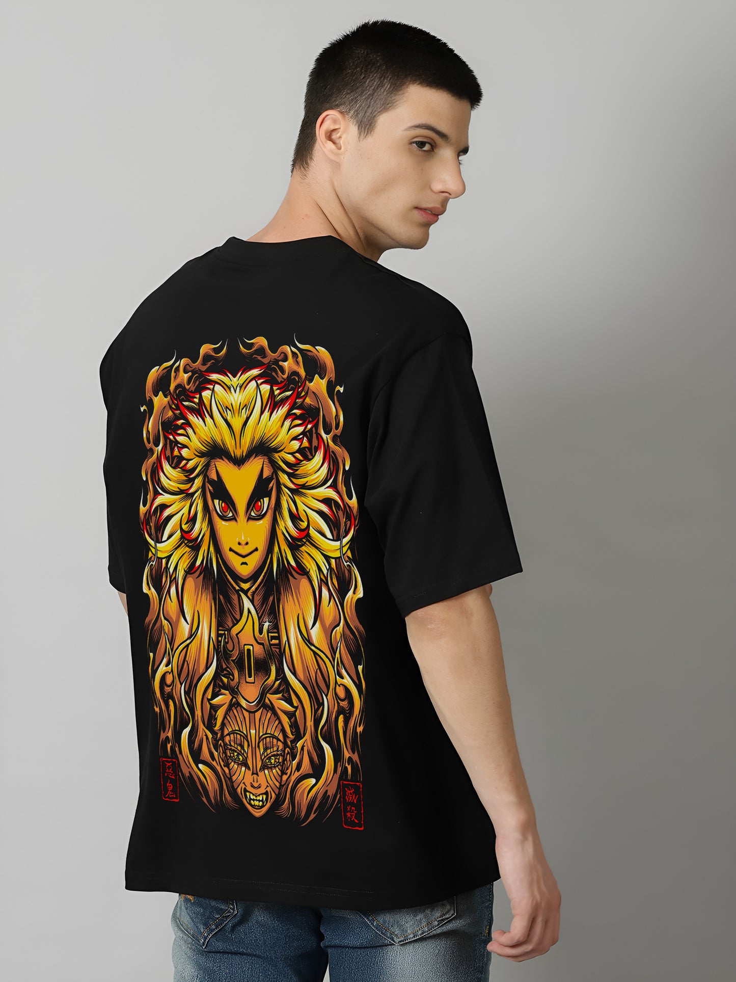Flame Hashira & Akaza Demon-Slayer Printed Pure Cotton Oversized Black T-shirt