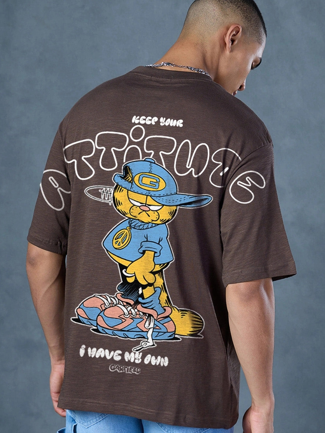 Garfield Attitude Printed Pure Cotton Oversized Brown T-shirt