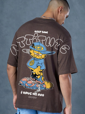 Garfield Attitude Printed Pure Cotton Oversized Brown T-shirt