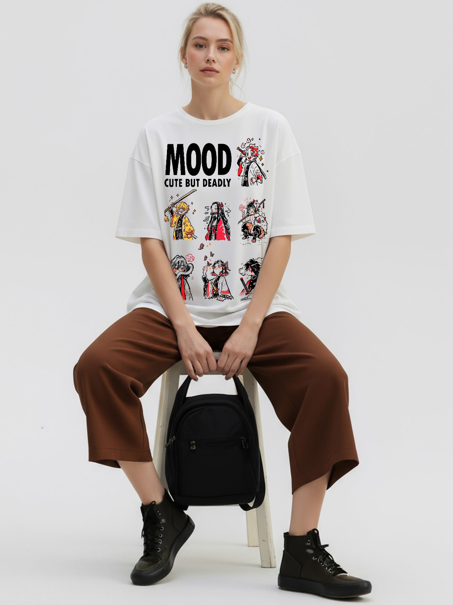 Cute but Deadly Demon-Slayer Mood Printed Pure Cotton Oversized T-shirt