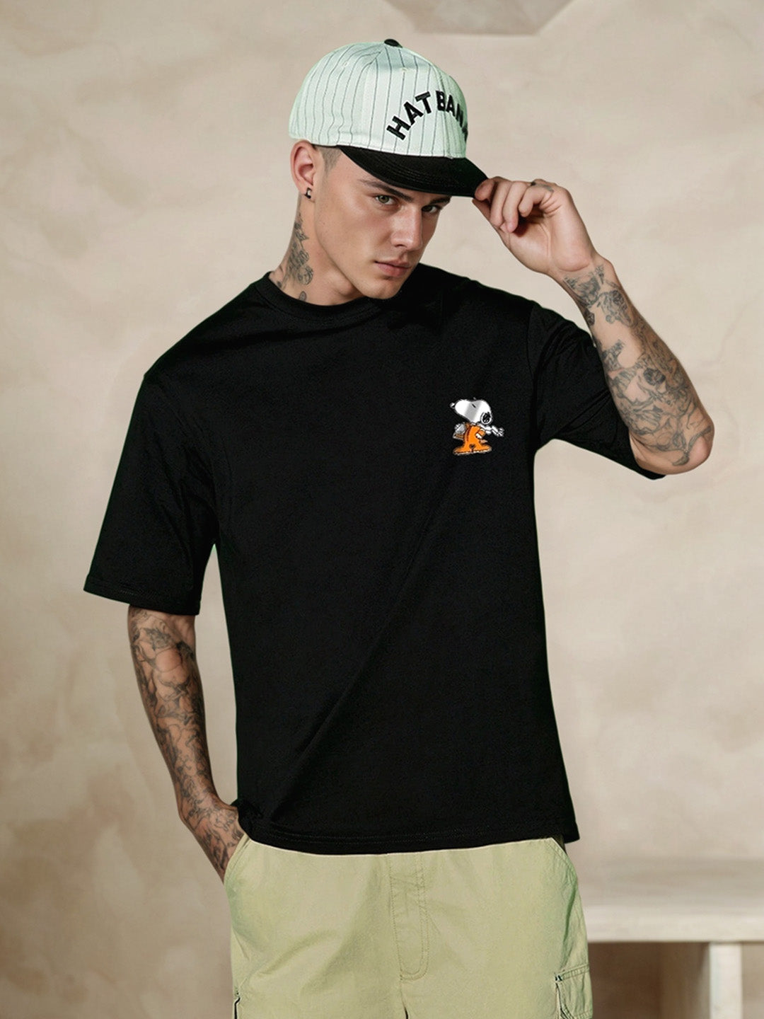 Space Snoopy Printed Pure Cotton Oversized Black T-shirt