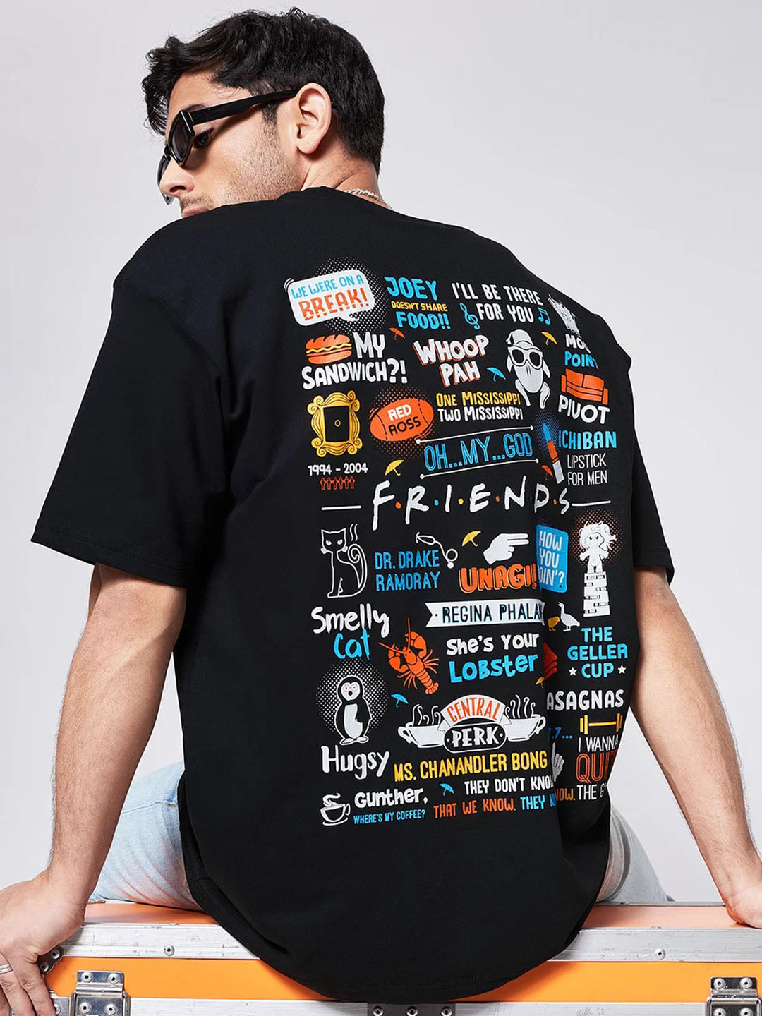 F.R.I.E.N.D.S. Doodle Graphic Printed Pure Cotton Oversized Black T-shirt