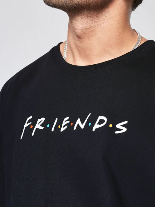 F.R.I.E.N.D.S. Doodle Graphic Printed Pure Cotton Oversized Black T-shirt