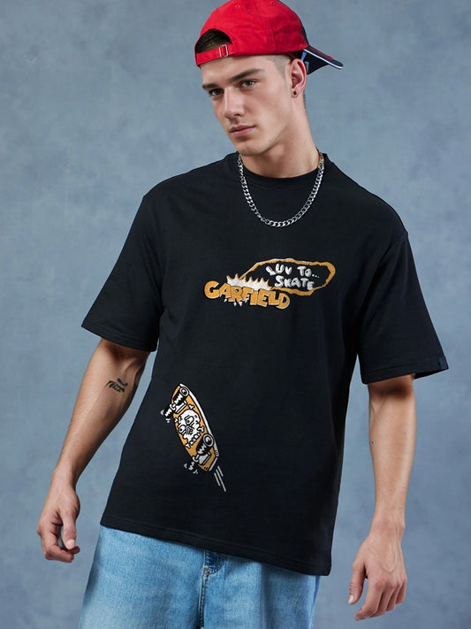 Garfield Skater Printed Pure Cotton Oversized Black T-shirt