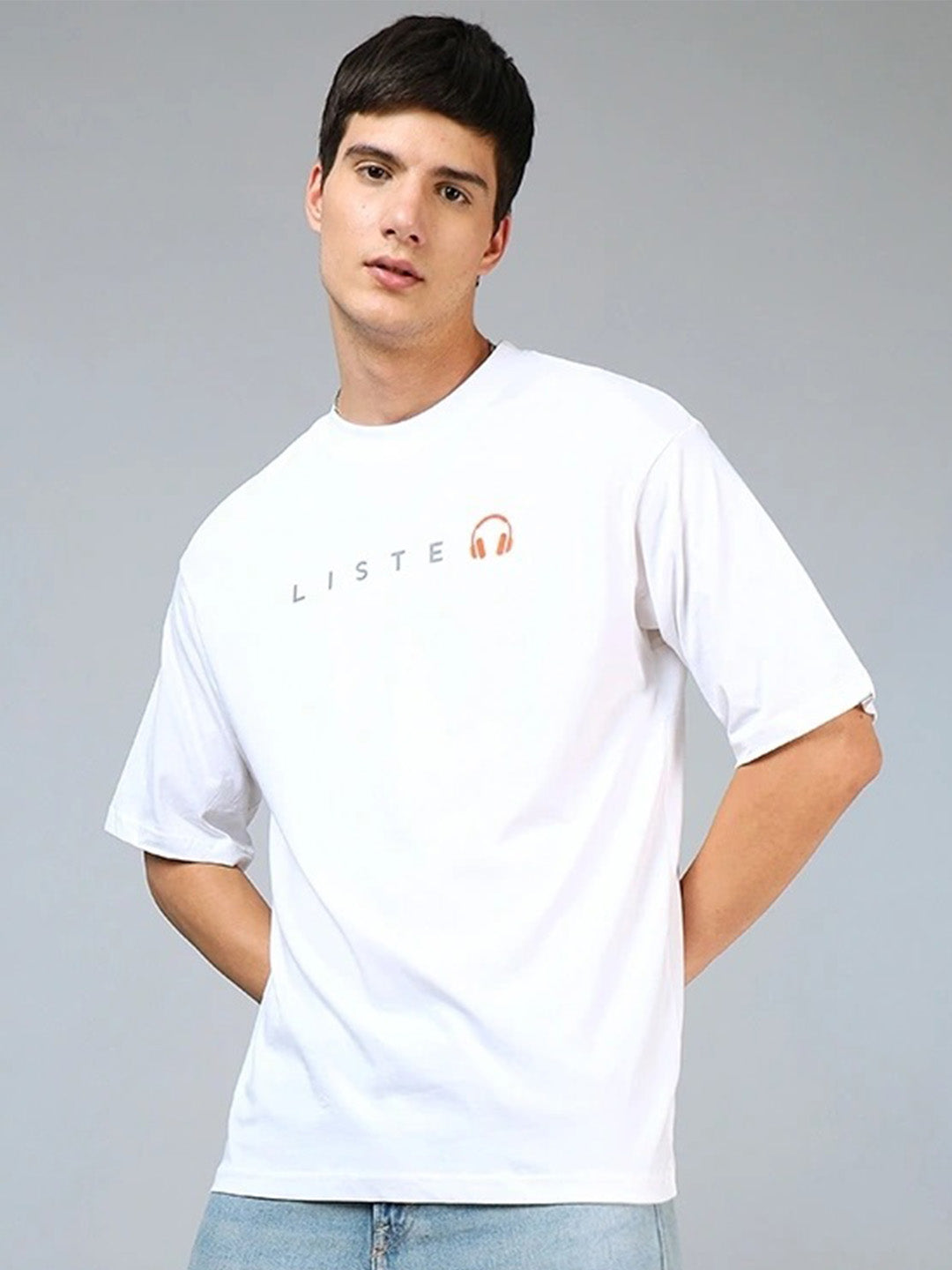 Keep Listening Printed Pure Cotton Oversized White T-shirt
