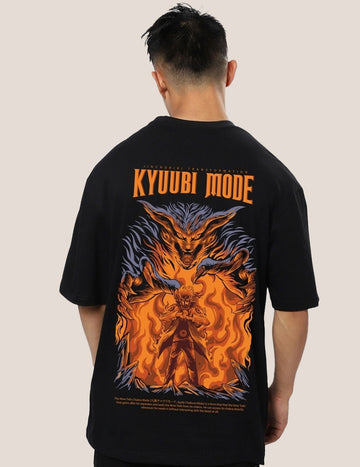 Kyuubi Mode - Nine tail Fox Graphic Printed Pure Cotton Oversized Black T-shirt