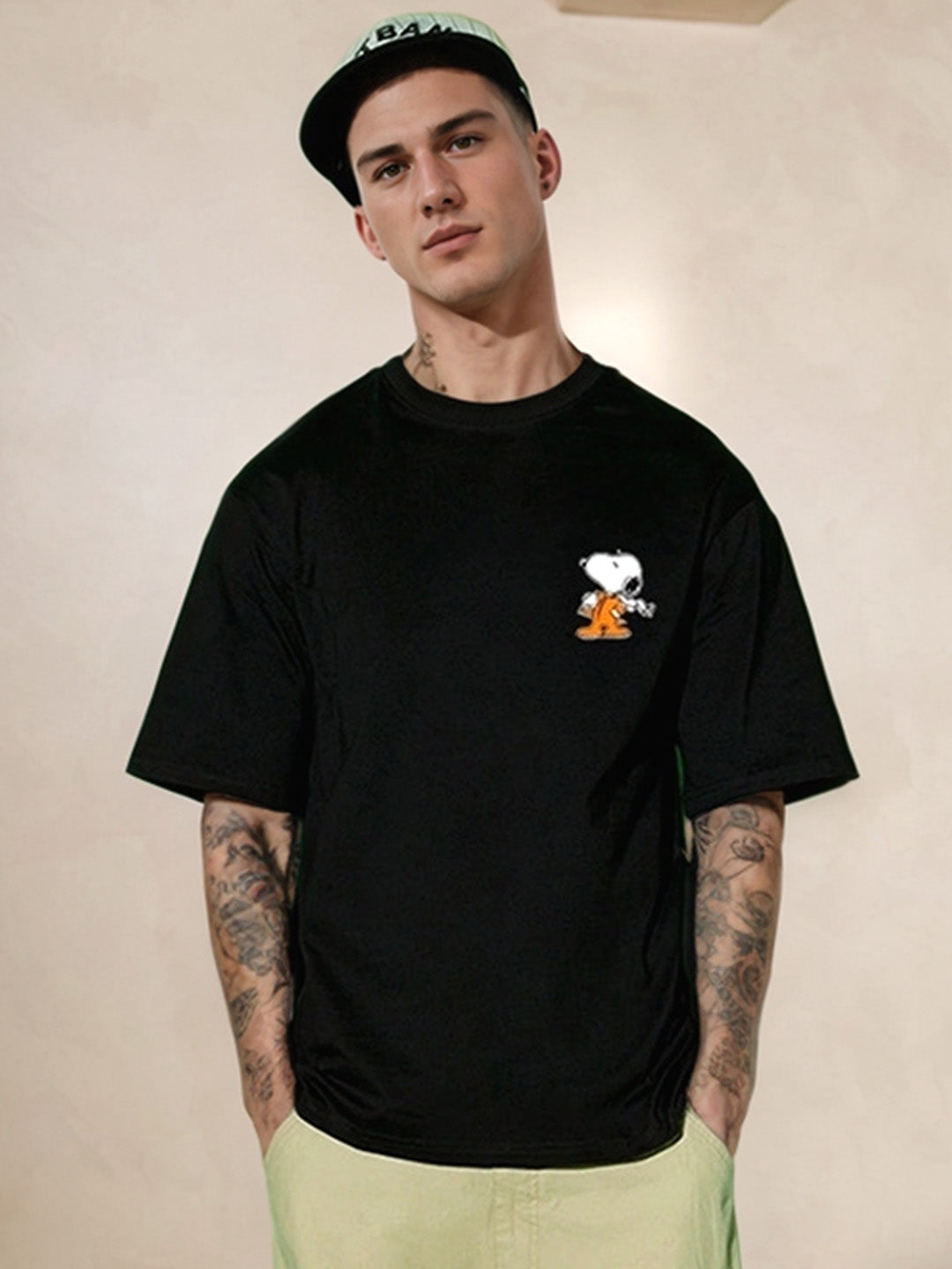 Space Snoopy Printed Pure Cotton Oversized Black T-shirt