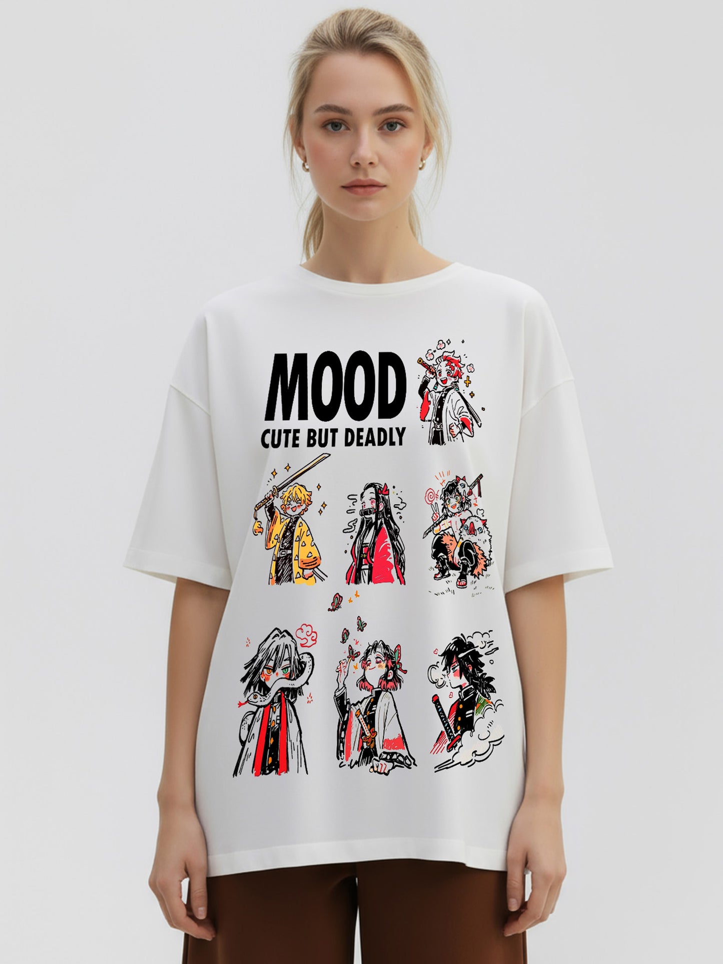 Cute but Deadly Demon-Slayer Mood Printed Pure Cotton Oversized T-shirt