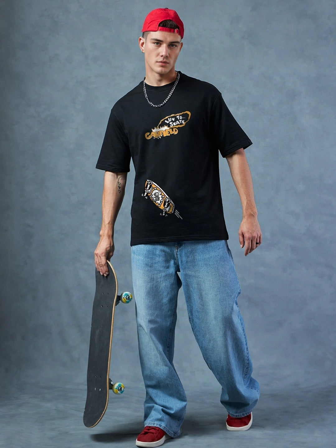 Garfield Skater Printed Pure Cotton Oversized Black T-shirt