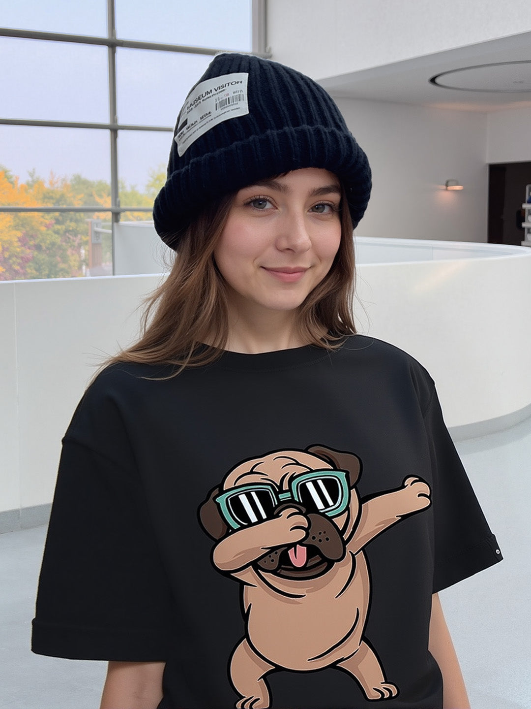 Dabbing Pug Printed Pure Cotton Oversized Black T-shirt