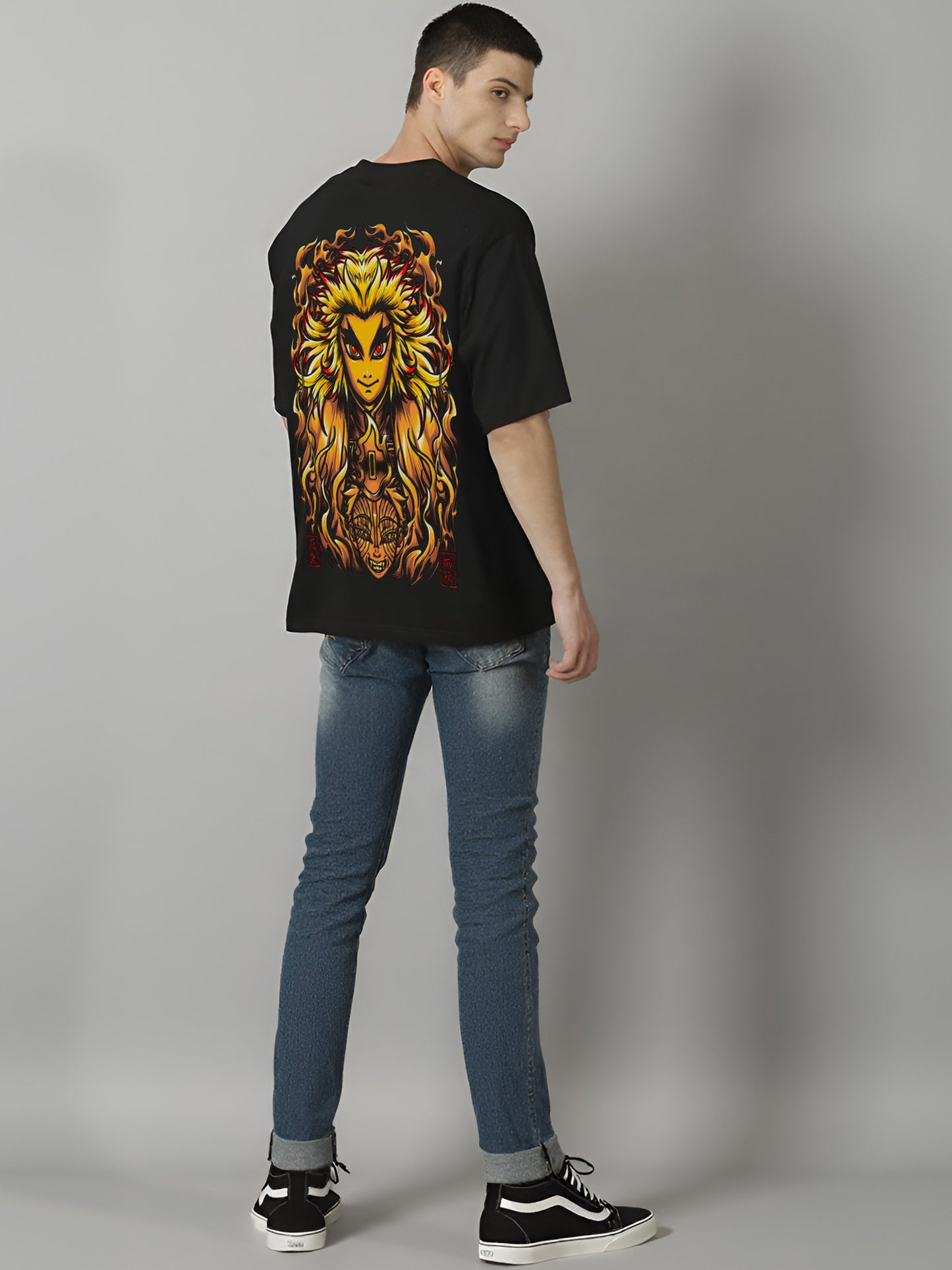 Flame Hashira & Akaza Demon-Slayer Printed Pure Cotton Oversized Black T-shirt