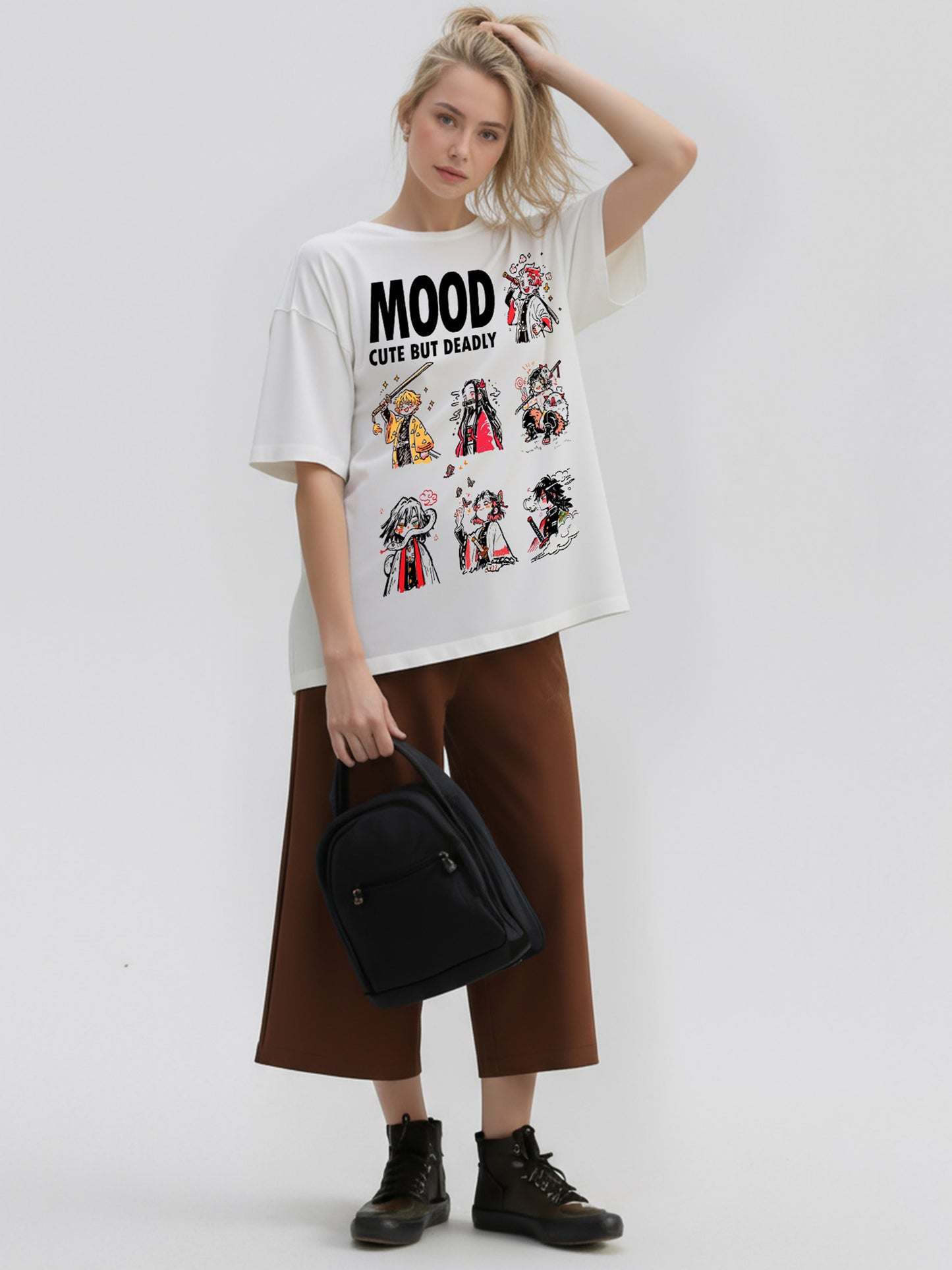 Cute but Deadly Demon-Slayer Mood Printed Pure Cotton Oversized T-shirt